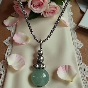 Green Aventurine Sphere Pendant Italian Silver Chain Necklace